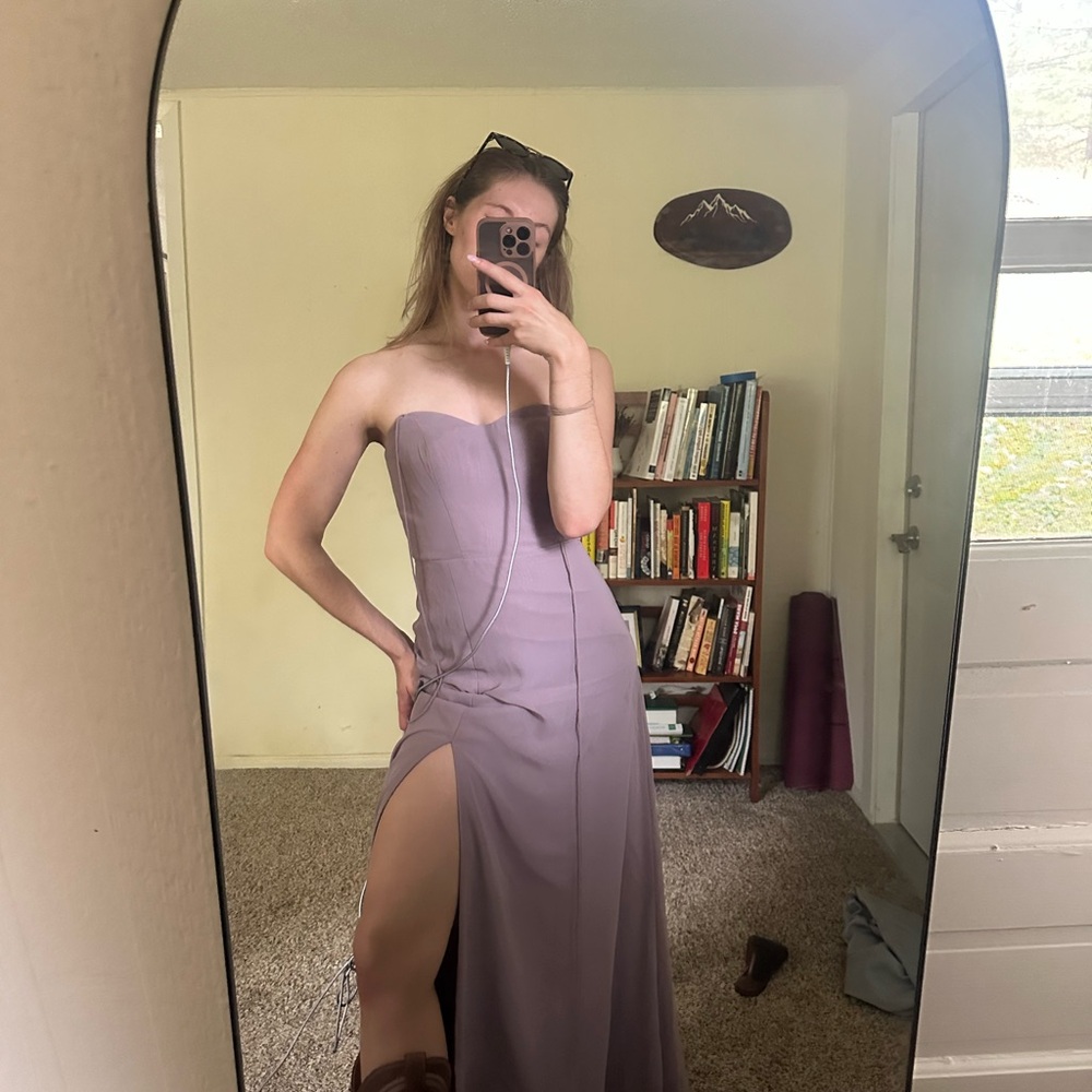 Azazie Strapless Lavender Dress with Slit